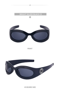Front and 45-degree side view of bright silver Y2K sports sunglasses with metal accent