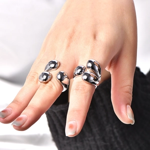 Minimalist silver fluid metal ring set with liquid water drop and multi-layer wrap design