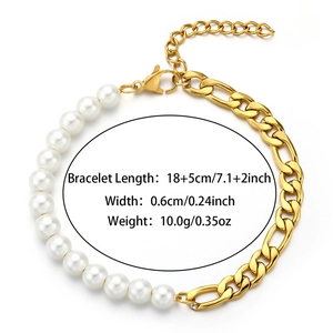 Titanium steel link bracelet featuring white pearls and golden Cuban chain with lobster clasp