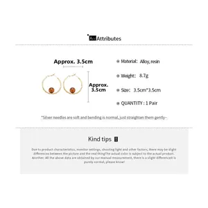 Close-up of alloy hoop earrings with brown resin beads and silver pin details