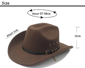 Detailed size guide of brown western cowboy felt hat with leather belt and metal vent holes