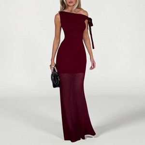 Robe Longue Asymétrique À Une Épaule Empiècement En Résille Sans Manches Nœud Moulante Ourlet Sirène Transparent Soirée