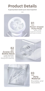 Detail of flower-shaped pump head and large diameter spiral bottle neck for foam maker