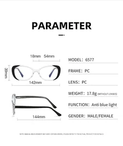 Detailed size chart for retro PC glasses model 6577 showing 142mm frame width and 144mm temples