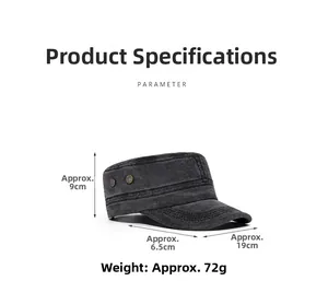 Detail view of washed cotton military cap with dimensions 9cm height and metal buttons
