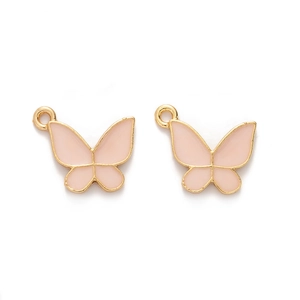 Detailed close-up of a pair of pink enamel butterfly charms with gold metal edges