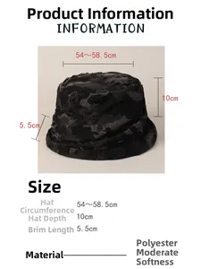 Size chart for camo bucket hat showing 54-58.5cm circumference and 10cm depth details