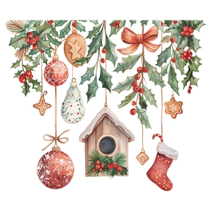 Festive Christmas wall stickers featuring watercolor birdhouse, stockings and holly leaves
