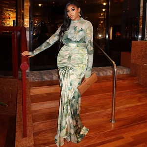 Ruched Mock Neck Long Sleeve Top And Slim Fit Maxi Skirt Abstract Marble Print Polyester Spandex Elegant Streetwear