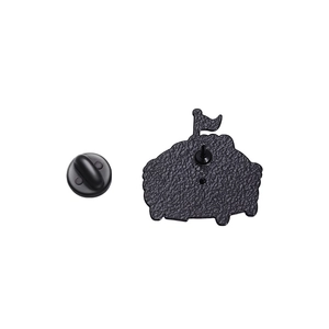 Detail showing the matte black enamel pin back with a durable rubber butterfly clutch