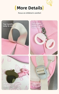 Detail view of pink backpack features breathable mesh, dual zippers, and cute silicone charms