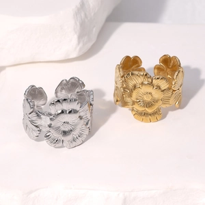 Flower Ring 18K Gold Plated Stainless Steel Adjustable Open Vintage Brushed Layered Petal Niche Jewelry