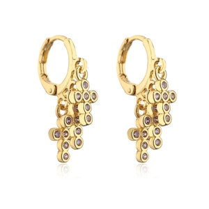 Close-up of 18K gold-plated hoop earrings with vibrant purple zircon cluster pendants