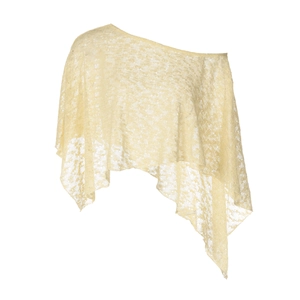 Close-up of light yellow lace texture and irregular knit details on the sheer shawl top