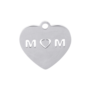Macro shot of silver heart pendant with MOM hollow design and polished stainless steel finish