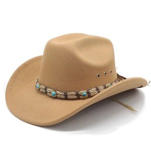 Close-up of camel felt cowboy hat with turquoise beads and decorative rope trim
