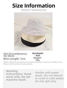 Size chart showing 56-58cm circumference and washing guide for pleated bucket hats