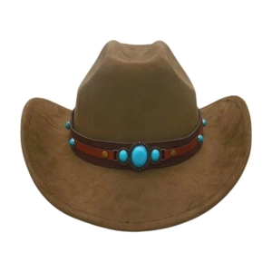 Close-up of brown western cowboy hat featuring leather band with turquoise stone inlay