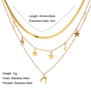 Collier multi-rangs doré en acier inoxydable avec pendentifs lune et étoile