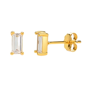 Macro shot of gold rectangle stud earrings with baguette cut white zircon and s925 silver pins