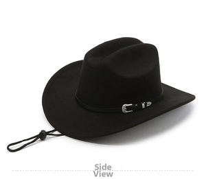 Detail of black wool cowboy hat featuring silver engraved buckle and adjustable chin cord