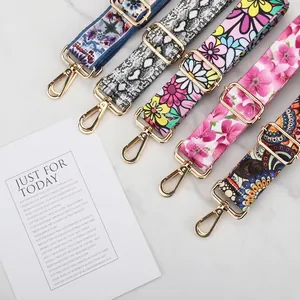 Ethnic style adjustable wide shoulder straps with floral patterns and gold hardware