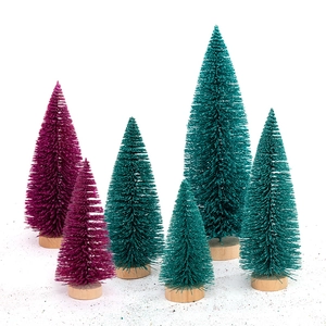 Set of 6 mini glittery bottle brush Christmas trees in pink and teal with wood bases