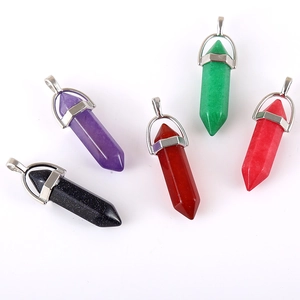 Set of 5 hexagonal natural stone pendant necklaces with silver metal clips on white background