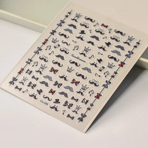 Close-up of 5D Gentleman series nail stickers featuring mustache and crown patterns