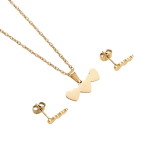 Golden stainless steel jewelry set featuring a heart pendant necklace and matching stud earrings
