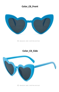 Front and side views of bright blue heart-shaped sunglasses with dark grey lenses