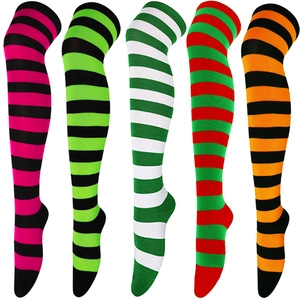 Detailed set of five pairs of striped over-the-knee high socks in various vibrant colors