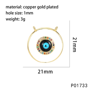 Macro view of evil eye pendant with colorful cubic zirconia and detailed size specs