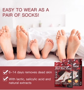 Exfoliating peach foot peel mask application showing a family relaxing in bed together