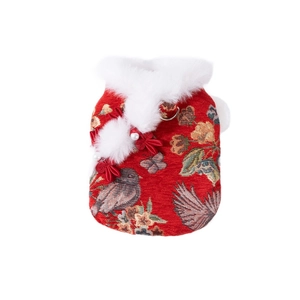 Festive red Chinese Tang suit pet vest with white fur collar and harness D-ring for cats