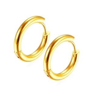 Polished gold titanium steel huggie hoop earrings for men and women on white background
