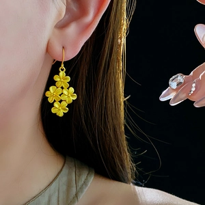 Macro view of matte 18K gold flower cluster earrings on model for a vintage look