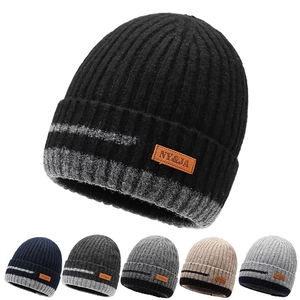 Men Winter Beanie Hat Warm Thickened Rib Knitted Cap With Leather Patch Fleece Lined Outdoor Windproof Casual