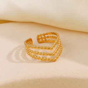 Three-layer gold beaded wave open ring in 18K gold-plated stainless steel for women