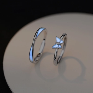 Luminous S925 silver butterfly couple ring set with blue glow and minimalist design