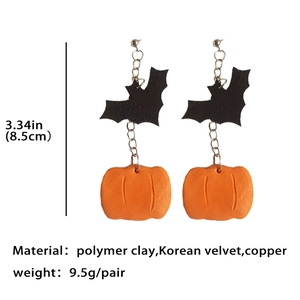 Handmade Halloween polymer clay drop earrings with orange pumpkins and black bats