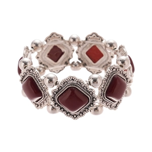 Retro geometric acrylic elastic bracelet with red resin stones and silver metal details