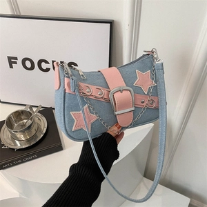 Y2K denim star shoulder bag with pink trim and stylish silver chain detail