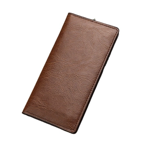 Classic brown leather business long wallet for men with neat stitching on white background