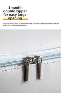 Detail of smooth metal double zippers and textured gray fabric on the cosmetic bag
