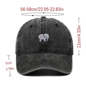 Detailed size specifications of an elephant embroidered washed cotton baseball cap