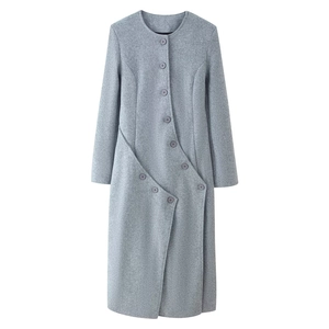 Women's grey mid-length wool blend coat with asymmetric multi-button closure and round neck