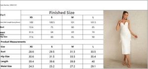 Guide des tailles détaillant buste, hanches et taille pour cette robe froncée élégante