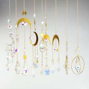 Set of 10 golden crystal suncatchers with moon and star pendants for garden decor