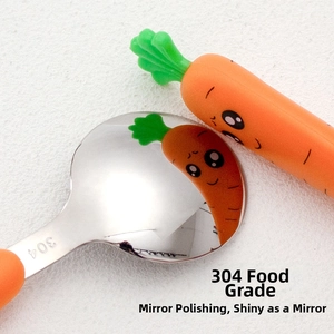 Close-up of 304 stainless steel carrot spoon with a polished mirror finish surface